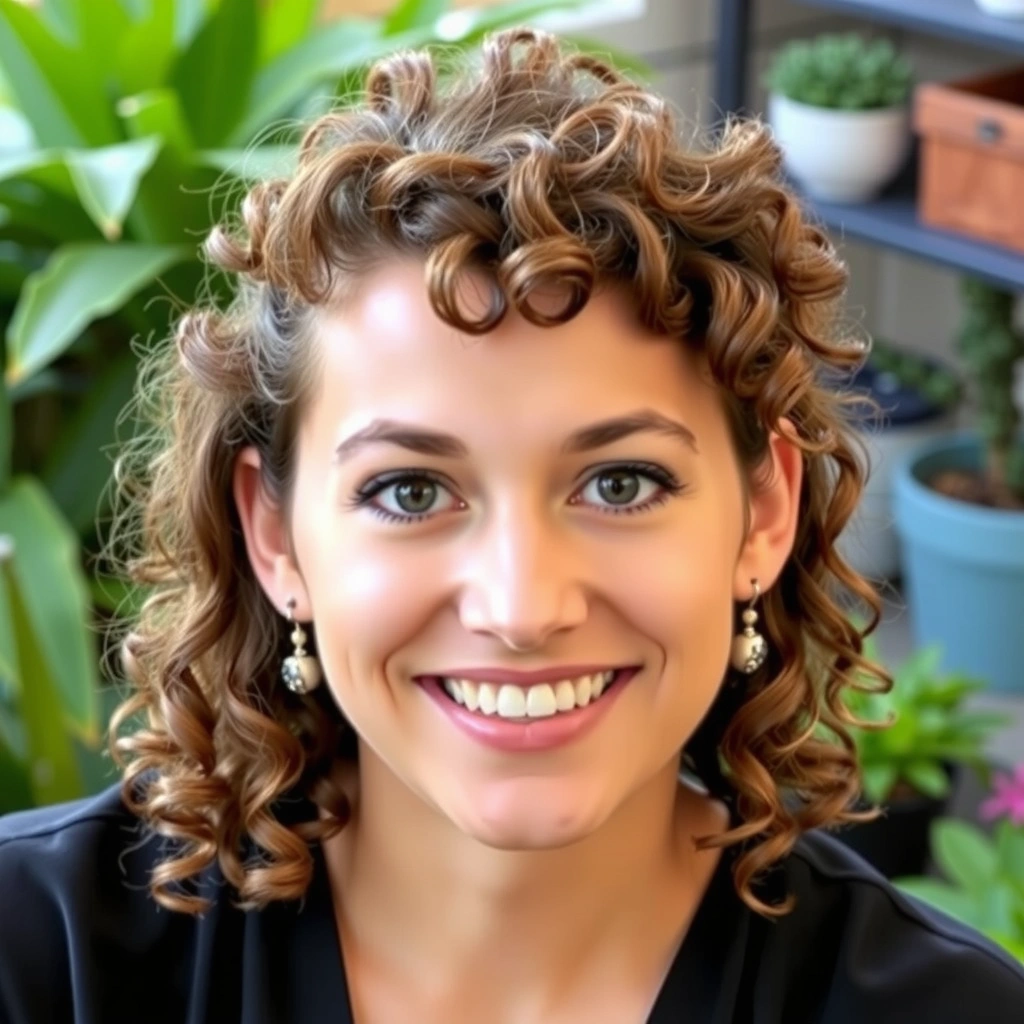 Portrait of a vibrant woman with curly hair and an engaging smile, in a setting that suggests nature or a garden, symbolizing a sourcing specialist. No text.