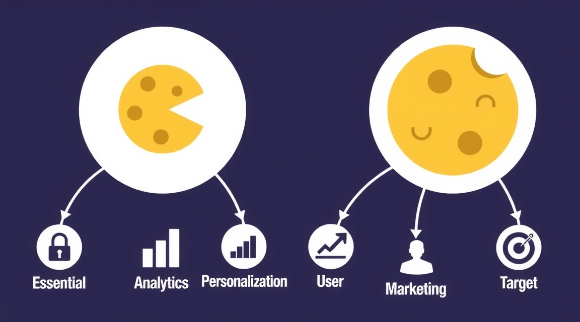 Diagram showing different types of cookies and their functions: essential, analytical, personalization, marketing