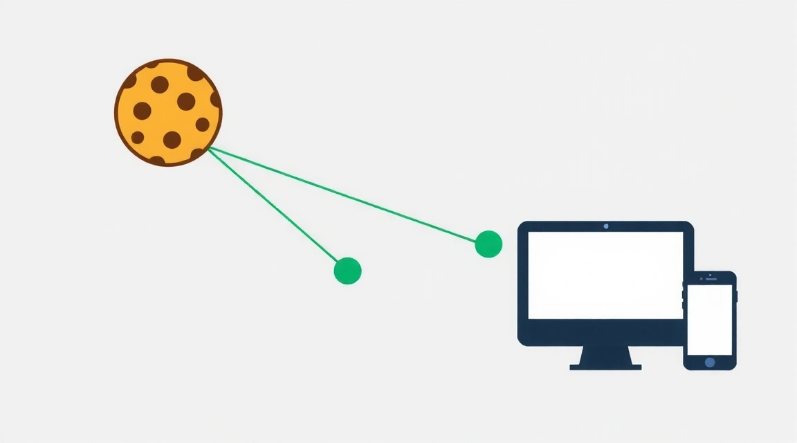 Illustration of a cookie icon with data flowing from a website to a computer, symbolizing data storage